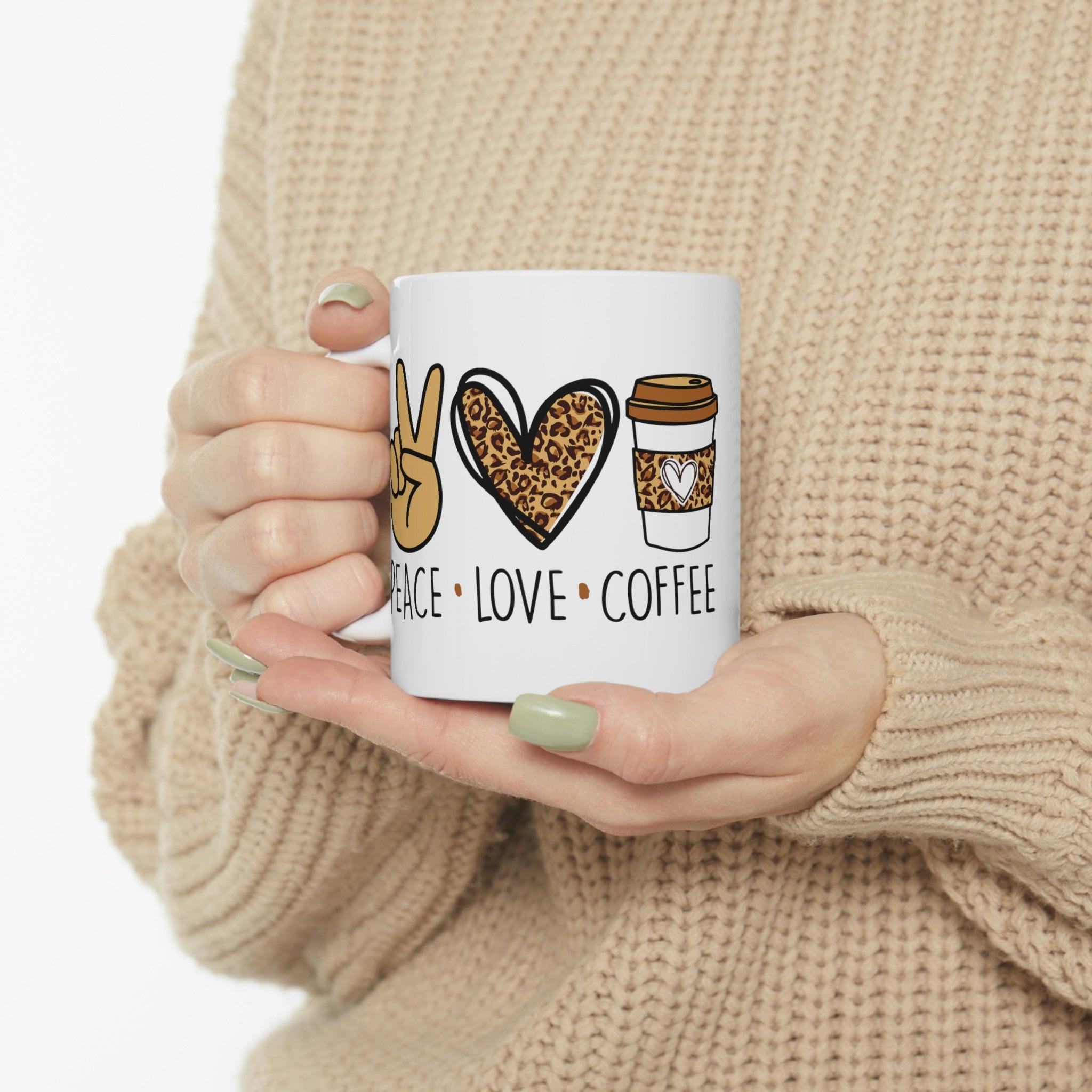 Peace Love Coffee Mug: Leopard Heart Ceramic Mug, Double-Sided Print