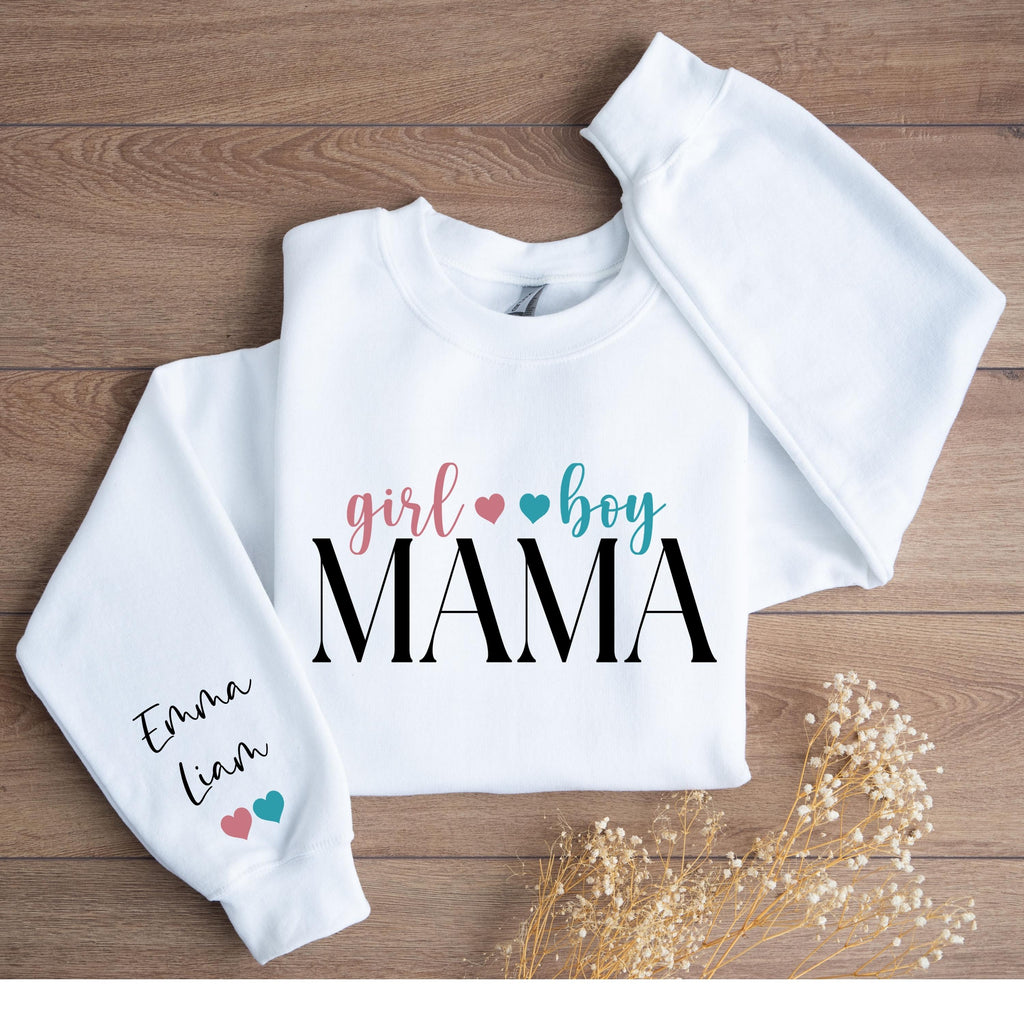 Custom Boy Girl Mama Sweatshirt, Personalized Kids Names Sleeve Sweater, Girl Boy Mom Sweat, Personalized Mother's Day Apparel